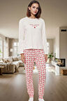 Kadın Pamuklu Uzun Kollu Pijama Takımı Kalpli Ekoseli Rahat Tasarım Trend Zarif