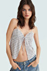 Kadın Ekose Desenli Saten Crop Bluz İnce Askılı Yazlık Rahat Günlük Mükemmel Uyum