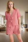 Kadın Gofre Dokuma Pijama Takımı V Yaka Bağlamalı Şortlu Dayanıklı Malzeme