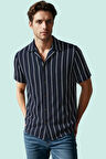 Erkek Regular Fit Kısa Kollu Bürümcük Çizgili Gömlek Rahat Yazlık Tasarım Günlük Kombinler