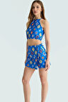 Çok Geometrik Desenli Fitted Halter Yaka Bluz ve Mini Etek Yaz Takımı Modern Stil