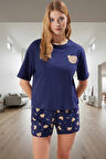 Kadın Ayıcıklı Desenli Pamuklu Pijama Takımı Kısa Kollu Regular Kalıp Yazlık Yüksek Kalite