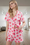 Kadın Kalpli Puantiyeli Kısa Kollu Pamuklu Pijama Takımı Zarif Tasarım Rahat Ve Şık