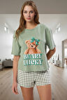 Kadın Ayıcıklı Pamuklu Pijama Takımı Rahat Kesim Kısa Kol Kullanım Günlük İçin