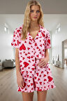 Kadın Şortlu Pijama Takımı Kalpli Desenli Viskoz Yazlık Rahat Şık Görünüm Günlük Kullanım İçin