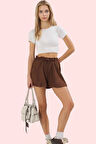 Kadın Keten Görünümlü Geniş Paça Şort Yüksek Bel Kısa Boy Pamuklu Günlük Kullanım Hafta Sonu