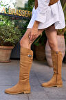 Kemerli Uzun  Deri Çizme Camel Süet