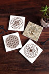 Yaşam Çiçeği, Sri Yantra, Hayat Ağacı Taş Bardak Altlığı Masaüstü Koruyucu Altlık 4 Parça Set 10x10cm Stone Coasters