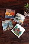 İstanbul Ayasofya, Galata Kulesi, Kız Kulesi, Ortaköy Taş Bardak Altlığı Masaüstü Koruyucu Altlık 4 Parça Set 10x10cm Stone Coasters