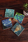 Van Gogh İrisler, Yıldızlı Gece, Badem Ağacı, Otoportre Taş Bardak Altlığı Masaüstü Koruyucu Altlık 4 Parça Set 10x10cm Stone Coasters