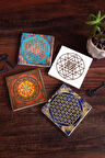 Yaşam Çiçeği, Sri Yantra Taş Bardak Altlığı Masaüstü Koruyucu Altlık 4 Parça Set 10x10cm Stone Coasters