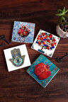 Nar Ağacı, Nar, Fatma Ana Eli (Hamsa) Taş Bardak Altlığı Masaüstü Koruyucu Altlık 4 Parça Set 10x10cm Stone Coasters