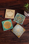 Yaşam Çiçeği, Lotus Çiçeği, Sri Yantra Taş Bardak Altlığı Masaüstü Koruyucu Altlık 4 Parça Set 10x10cm Stone Coasters