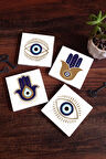 Fatma Ana Eli (Hamsa), Nazar Taş Bardak Altlığı Masaüstü Koruyucu Altlık 4 Parça Set 10x10cm Stone Coasters