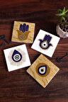 Fatma Ana Eli (Hamsa), Nazar Taş Bardak Altlığı Masaüstü Koruyucu Altlık 4 Parça Set 10x10cm Stone Coasters
