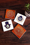 Fatma Ana Eli (Hamsa), Nazar, Sri Yantra, Mandala Taş Bardak Altlığı Masaüstü Koruyucu Altlık 4 Parça Set 10x10cm Stone Coasters