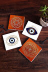 Nazar, Sri Yantra, Mandala Taş Bardak Altlığı Masaüstü Koruyucu Altlık 4 Parça Set 10x10cm Stone Coasters