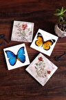 Gül Çiçek, Kelebek Taş Bardak Altlığı Masaüstü Koruyucu Altlık 4 Parça Set 10x10cm Stone Coasters