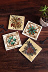Vintage Çiçek, Fas Desenli Vintage Taş Bardak Altlığı Masaüstü Koruyucu Altlık 4 Parça Set 10x10cm Stone Coasters
