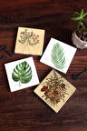 Vintage Çiçek, Yaprak Taş Bardak Altlığı Masaüstü Koruyucu Altlık 4 Parça Set 10x10cm Stone Coasters