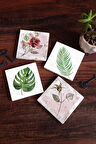 Gül Çiçek, Yaprak Taş Bardak Altlığı Masaüstü Koruyucu Altlık 4 Parça Set 10x10cm Stone Coasters