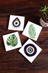 Nazar, Yaprak Taş Bardak Altlığı Masaüstü Koruyucu Altlık 4 Parça Set 10x10cm Stone Coasters