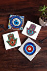 Nazar, Fatma Ana Eli (Hamsa) Taş Bardak Altlığı Masaüstü Koruyucu Altlık 4 Parça Set 10x10cm Stone Coasters