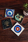 Nazar, Hayat Ağacı, Şahmeran Taş Bardak Altlığı Masaüstü Koruyucu Altlık 4 Parça Set 10x10cm Stone Coasters
