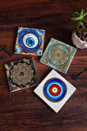 Nazar, Sri Yantra, Yaşam Çiçeği Taş Bardak Altlığı Masaüstü Koruyucu Altlık 4 Parça Set 10x10cm Stone Coasters