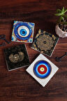 Nazar, Horus'un Gözü, Sri Yantra Taş Bardak Altlığı Masaüstü Koruyucu Altlık 4 Parça Set 10x10cm Stone Coasters