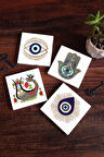 Nazar, Şahmeran, Fatma Ana Eli (Hamsa) Taş Bardak Altlığı Masaüstü Koruyucu Altlık 4 Parça Set 10x10cm Stone Coasters