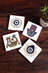Nazar, Fatma Ana Eli (Hamsa), Şahmeran Taş Bardak Altlığı Masaüstü Koruyucu Altlık 4 Parça Set 10x10cm Stone Coasters