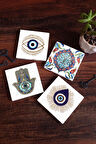 Nazar, Çini Sanatı, Fatma Ana Eli (Hamsa) Taş Bardak Altlığı Masaüstü Koruyucu Altlık 4 Parça Set 10x10cm Stone Coasters