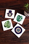 Fatma Ana Eli (Hamsa), Nazar, Yaprak Taş Bardak Altlığı Masaüstü Koruyucu Altlık 4 Parça Set 10x10cm Stone Coasters