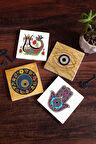 Nazar, Fatma Ana Eli (Hamsa), Şahmeran Taş Bardak Altlığı Masaüstü Koruyucu Altlık 4 Parça Set 10x10cm Stone Coasters