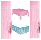 PEMBE MASA ÖRTÜSÜ, MAVİ MASA ETEĞİ, 2 ADET PEMBE ARKA FON