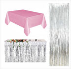 PEMBE MASA ÖRTÜSÜ, GÜMÜŞ MASA ETEĞİ, GÜMÜŞ ARKA FON