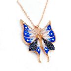 925 Ayar Gümüş Mavi Beyaz Mineli Rose Kaplama Özgür Kelebek Kolye