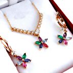 925 Ayar Gümüş Rose Renkli Çiçek Kolye Küpe Set