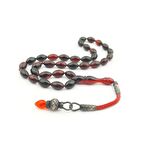 1000 Ayar Gümüş Kazaz Püsküllü Koyu Kırmızı Hareli Sıkma Kehribar Tesbih