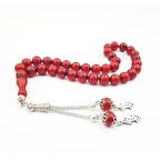 Çift Püsküllü Kırmızı Küre Kesim Sentetik Kehribar Tesbih