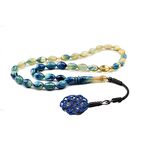 1000 Ayar Gümüş Kazaz Püsküllü Mavi Hareli Sıkma Kehribar Tesbih