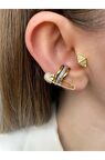 Vıp Seri - Zirkon Taşlı Çengelli Iğne Altın Kaplama Kıkırdak Küpe Earcuff