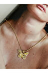 Zirkon Taşlı Kelebek Kararmaz Çelik Kadın Gold Kolye