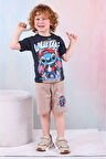 PJKSKT Stitch What Up Desenli Bej Şortlu Erkek Çocuk Kısa Kol Takım 7528-B