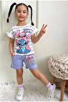 PJKSKT Stitch Desenli Lila Şortlu Kız Çocuk Kısa Kol Takım 7531-L
