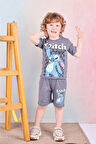PJKSKT Stitch Desenli Füme Şortlu Erkek Çocuk Kısa Kol Takım 7563-F