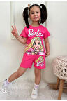 PJKSKT Barbie Desenli Fuşya Şortlu Kız Çocuk Kısa Kol Takım 7565-F