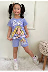 PJKSKT Barbie Desenli Lila Şortlu Kız Çocuk Kısa Kol Takım 7565-L