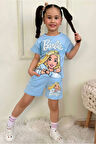 PJKSKT Barbie Desenli Mavi Şortlu Kız Çocuk Kısa Kol Takım 7565-M